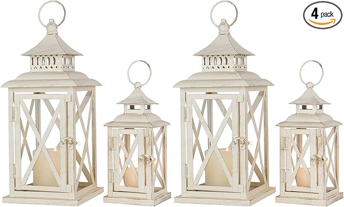 NEEDOMO Lanterns Decorative Outdoor&Indoor, Set of 4 (14"&10") Beige Metal Lantern Decor with Glass, Candle Holder for Porch, Patio, Garden, Balcony, Wedding, Table Centerpiece