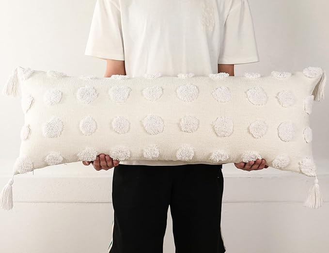 PANOD Decorative Long Lumbar Pillow Cover 16x36 Boho,Super Soft Chenille Extra Long Lumbar Pillow Case Cover with Tassel for Bed Sofa Couch Farmhouse Livingroom,White,Modern Skinny