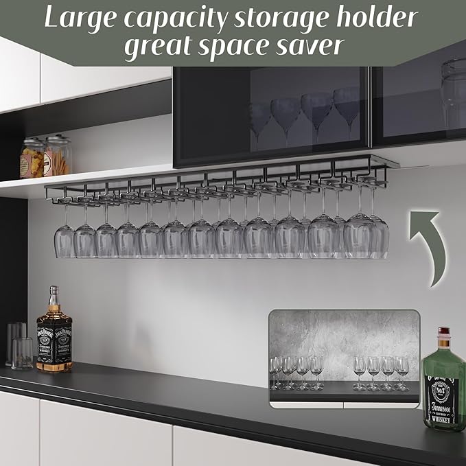 Xverycan Wine Glass Rack Under Cabinet, 12 Row Extreme Large Stemware Hanger, Metal Wine Goblet Holder, DIY Bar Glass Storage Rack for Bar Counter, Kitchen, Screws Included