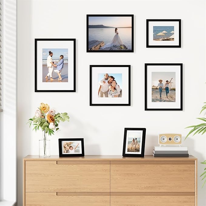 Vittanly 5x7 Picture Frames Set of 9, Shatter Resistant Plexiglass, Display 4x6 Pictures with Mat or 5x7 without Mat, Photo Frames for Wall or Tabletop, Engineered Wood, Black