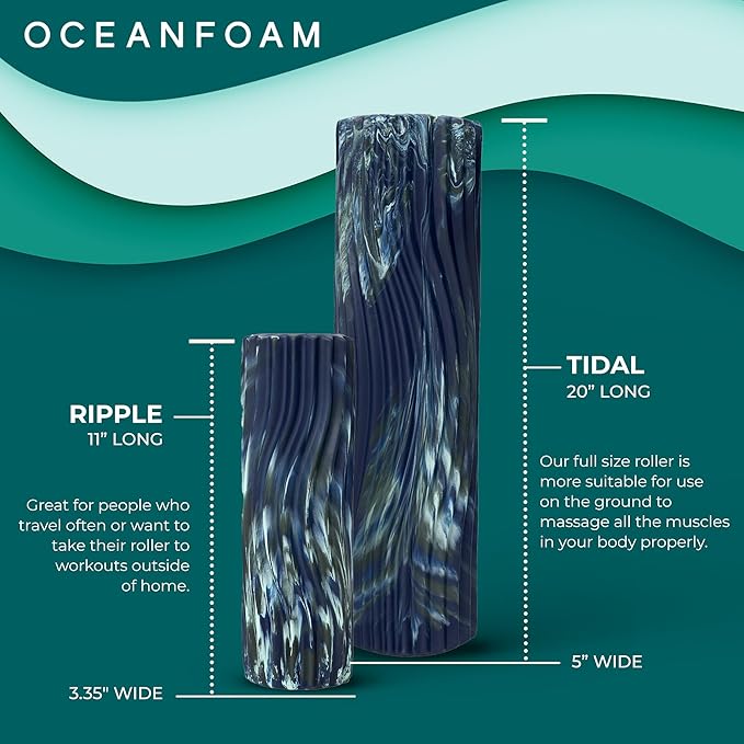 Oceanfoam Tidal Roller - Dark Navy, Hunter & Seafoam Marbled - Muscle Massage Foam Roller for Back Pain & Stretching - Firm & Ergonomic Wide Wave Textured - Yoga & Athletics - Full Size, 20" x 5"