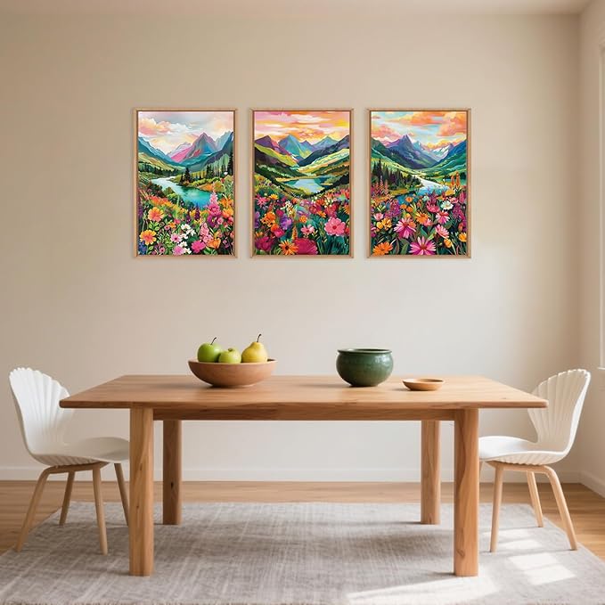 Wildflower Blossom Framed Canvas Wall Art Set, Colorful Flowers Painting, Abstract Landscape Wall Decor, Natural Ridge Floral Art Print for Living Room, Dining Room, Office - 16"x24"x3