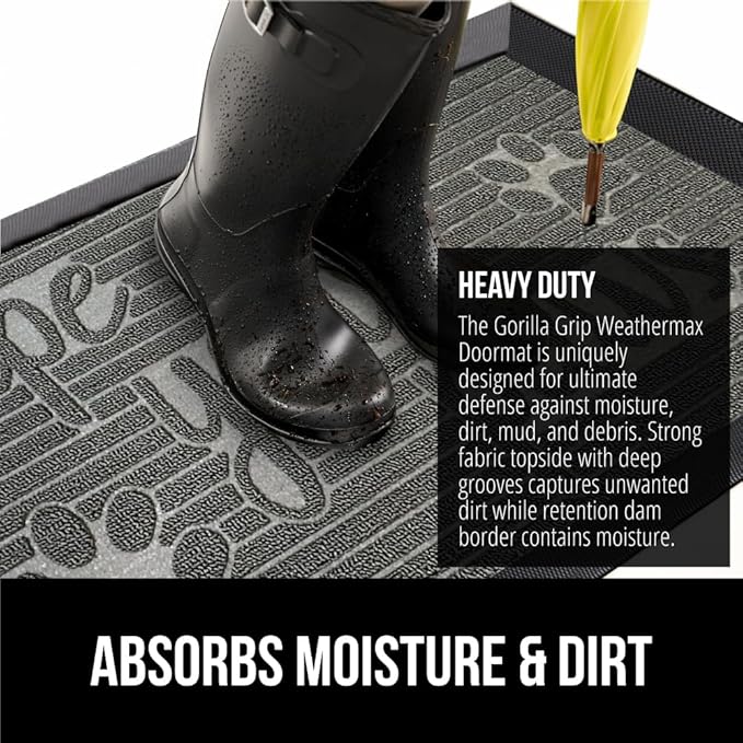 GORILLA GRIP 100% Waterproof All-Season WeatherMax Doormat 35x23, US Designed Natural Rubber, Stain and Fade Resistant, Low Profile Indoor Outdoor Door Mats, Easy Clean Patio Mat, Stone Paws
