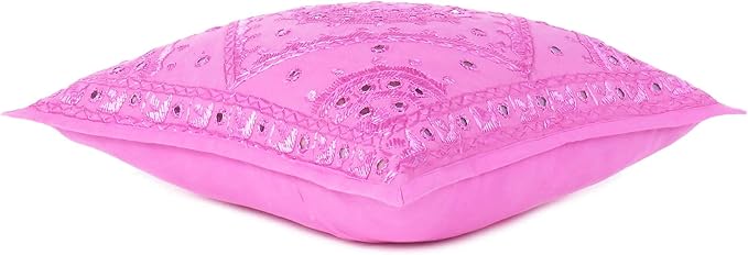 Eyes of India Embroidered Decorative Boho Throw Pillow Cover with Mirrors, Handmade Bohemian Accent Cushion Case for Sofa Couch Bedroom Living Room (Pink, 16" x 16")