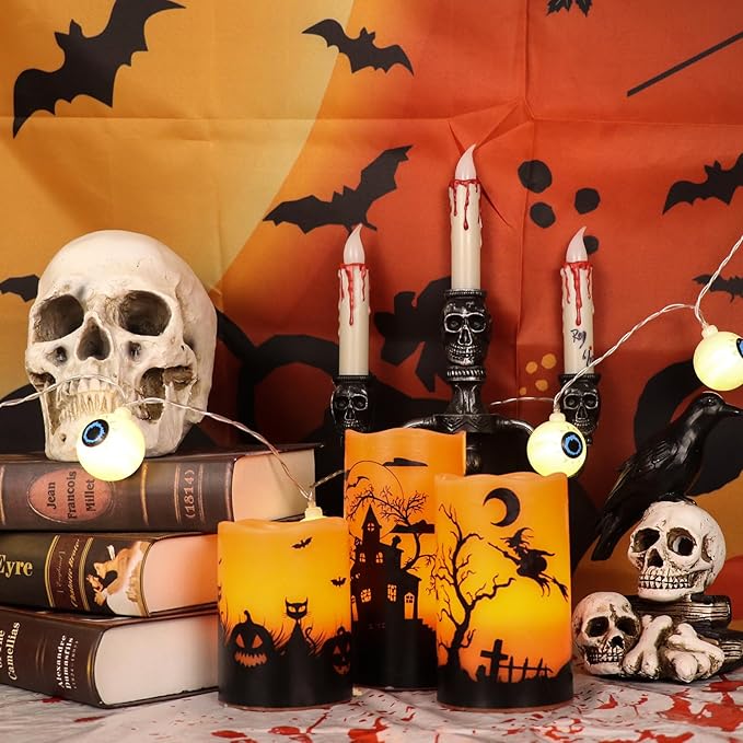 Wondise Halloween Rechargable Flickering Flameless Candles with 6H Timer, Battery Operated LED Real Wax Candles with Charging Base Set of 3 Halloween Home Decoration Gifts(3 x 4 5 6 Inch)