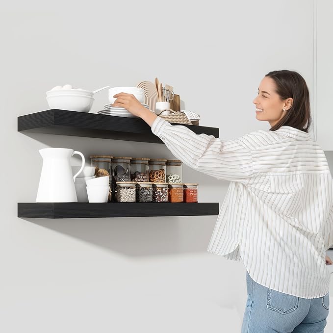 Heimlove 48" Black Floating Shelves for Wall,10 Deep Rustic Wood Display & Storage Wall Shelves with Heavy Duty Brackets for Bathroom,Bedroom,Kitchen,Living Room,Office