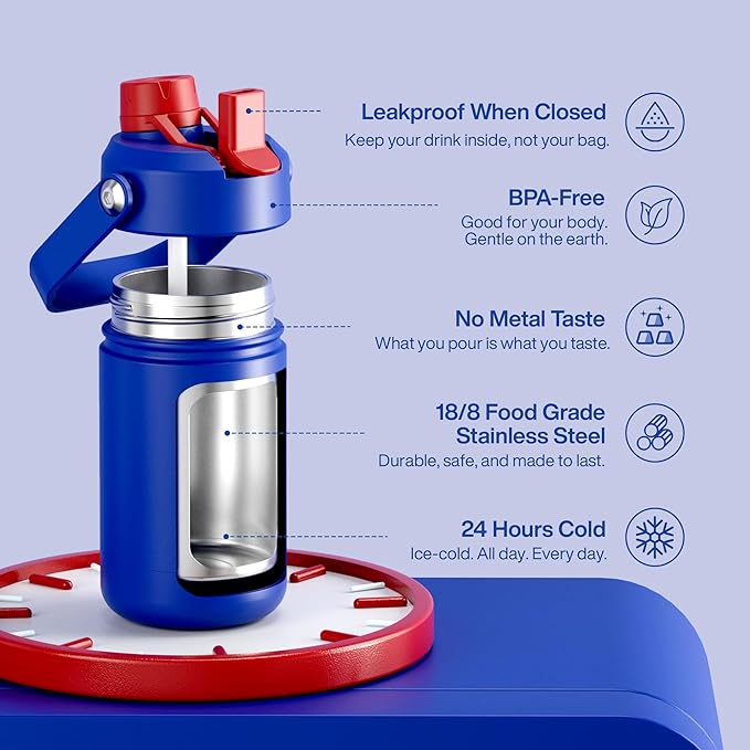 Kids Insualated Water Bottle with Straw - 12oz Stainless Steel Water Bottle with Dual Spouts, Leak-Proof, BPA-Free, Double Wall Vacuum Keeps Cold for 24 Hours for Sports, Travel (Beaucoup Blue)