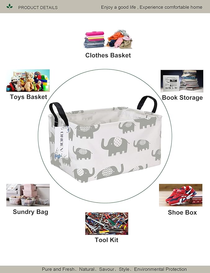 Rectangular Folding Laundry Basket, waterproof Canvas Basket,gift basket,Suitable for children's room,Office,Clothes,Toys Storage (Grey Elephant)