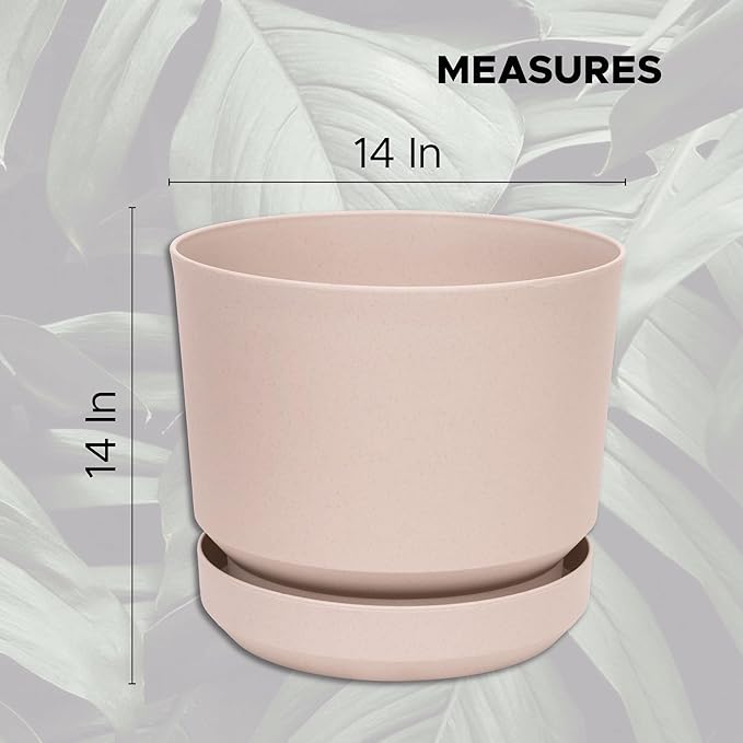 Elly Décor 14 inch Plastic Cylinder Planter Pot with Self-Watering Saucer and Drainage Hole,Lightweight & Extremely Durable, 14"x 14", Ivory