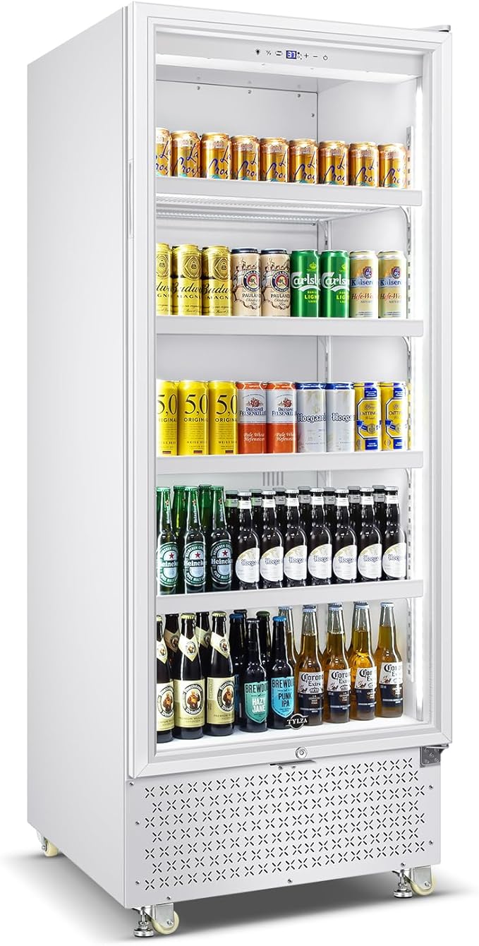 Tylza Commercial Refrigerator with Glass Door Display Beverage Fridge, 14.8 Cu Ft Upright Beverage Cooler Merchandiser with Rebound Door, Low Noise, Fast Cooling, White
