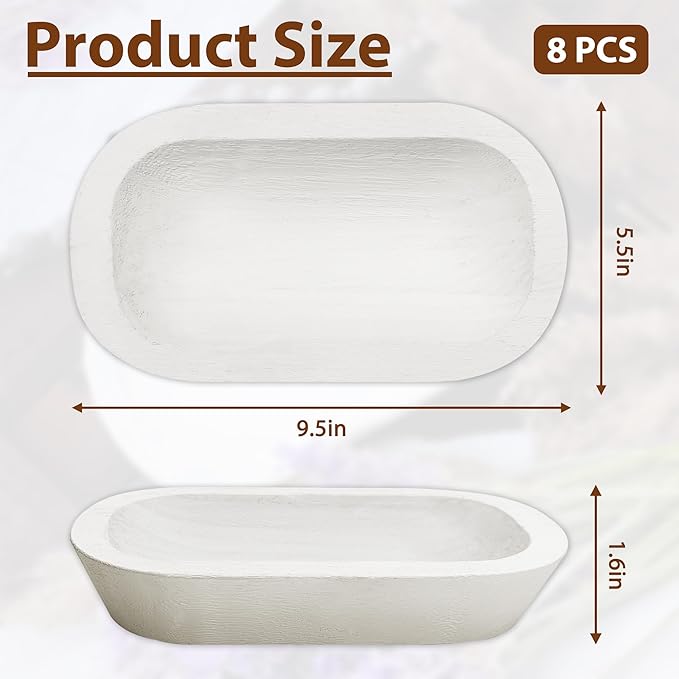 Royxen 8 Pack Wood Dough Bowl, Wooden Dough Bowls Paulownia, Rustic Bowl Vintage, Bowls for Candle (White, 9.5" x 5.5")