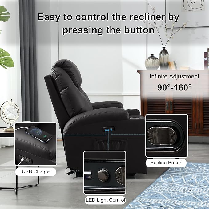 Power Recliner Chair with Heat and Massage, PU Leather Home Theater Seating with LED Lights/Cup Holders/Side Pocket/USB Port, Reclining Sofa Chair for Living Room (2, Black)