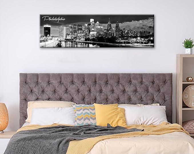 DJSYLIFE Philadelphia Skyline Canvas Art - 13.8"x47.3" Black & White Cityscape Wall Decor, Modern Panoramic Night View Print for Living Room, Office, Bedroom - Ready to Hang