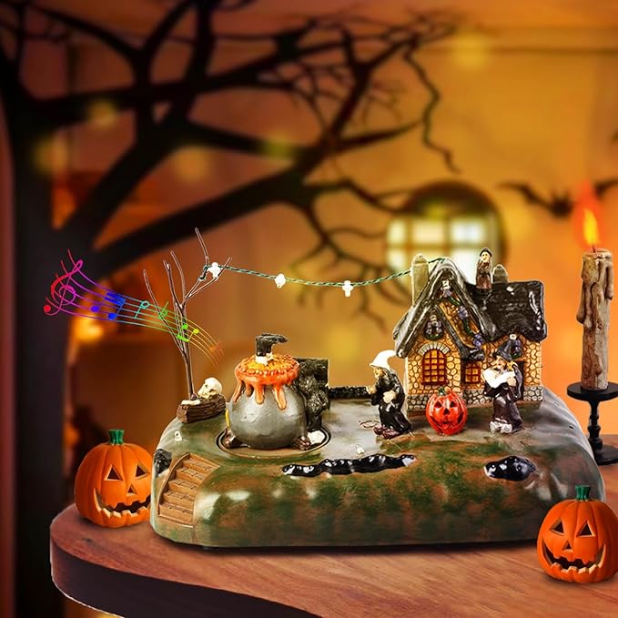Halloween Village Witch Cauldron Bubble Figurine with Lit House Spooky Town Indoor Decoration Accessories for Holiday Display, Battery Operated