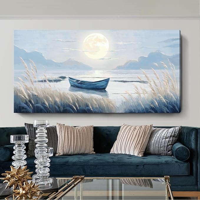 Oversized Large Living Room Wall Art, Blue Wall Decor for Bedroom, Modern Nautical Ocean Beach Seascape Nature Picture Sailboat Moon Lake Mountain Canvas Print Relaxing Serene Coastal Rustic Artwork