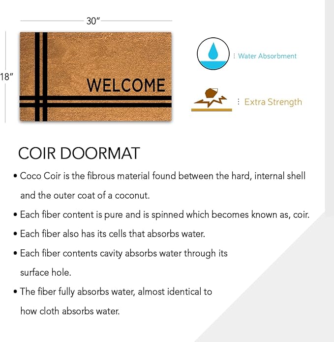 PLUS Haven 17.5x30 Door Mat with Heavy-Duty Backing - Coco Coir Doormat for Outdoor or Indoor Uses - Non-Slip Welcome Mats for Entryway or Porch - Easy to Clean Front Door Mat - Natural Brown