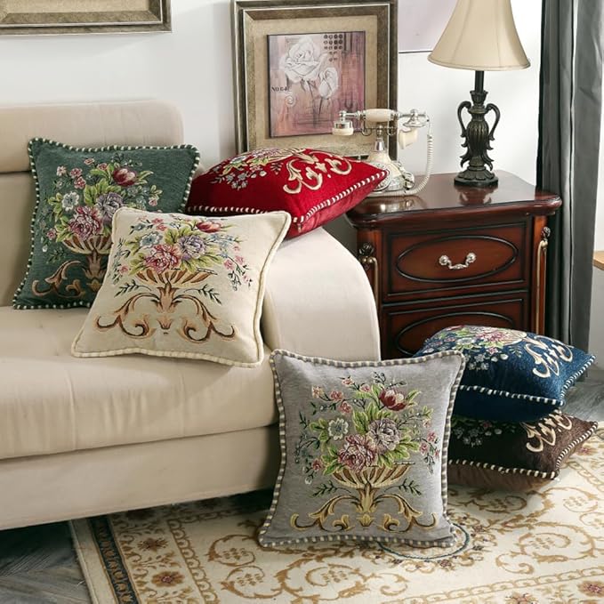 Set of 2 Beige Vintage Throw Pillows Covers 18x18in，Floral Embroidered Cushion Cover for Sofa Bedroom，Euro Sham Covers Retro Home Decor Pillows Covers