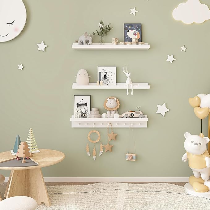 MBYD White Floating Shelves for Wall with Hooks, Nursery Book Shelves for Kids Room, 36 Inch Wall Mount Bookshelf for Living Room Bedroom Bathroom Kitchen, Hanging Picture Ledge Shelf Set of 3