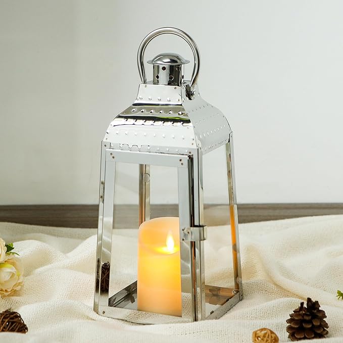 TRIROCKS Stainless Steel Candle Lanterns 12''H Decorative Candle Holders with Tempered Glass for Indoor Outdoor Porch Garden Parities and Wedding(Silver)