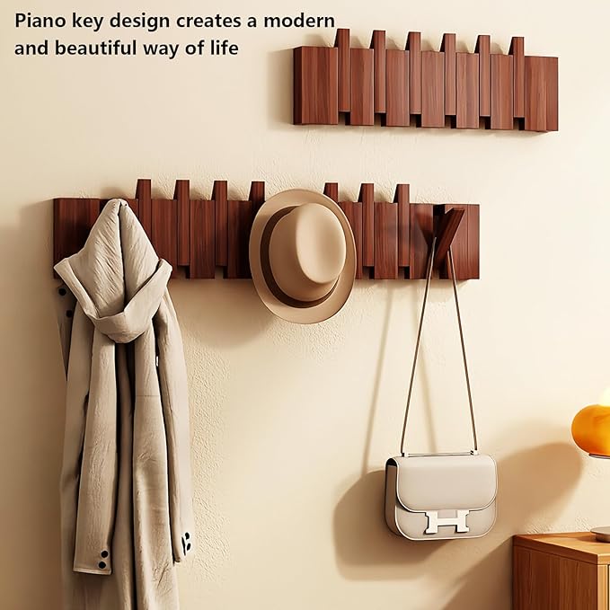 Wall Mounted Piano Key Hanger | Flip Style Hook | Entrance Wall Art Hook, Made of Oak Wood (3 Times Painted, 4 Times Polished) (Walnut, 4Hooks)