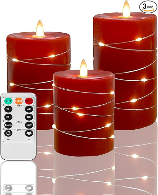 Red flameless Candles with Remote Control Timer Battery Operated LED Pillar Candles 4‘’ 5‘’ 6‘’ Fake Candles with String Lights Set of 3 for Christmas or Special Festivals Decorations