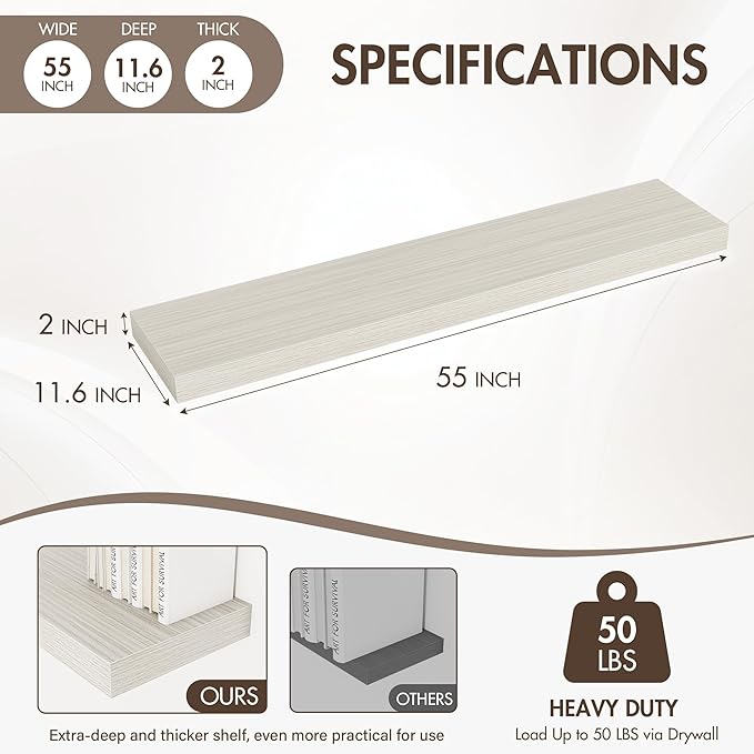 55 Inch Floating Shelves, 12" Deep Floating Shelf Wall Mounted, 55" Wall Shelves, Rustic Deep Bookshelf, Extra Deeper & Thicker Display Shelves for Bedroom, Living Room, Gray, Set of 2