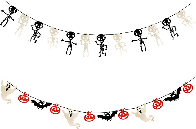 Gift Boutique - 9 Foot Halloween Garland Felt Banner Chain Decorations Indoor & Outdoor Party Supplies 18 Feet Total Pack of 2 Designs Skeletons Bat Pumpkin Ghost