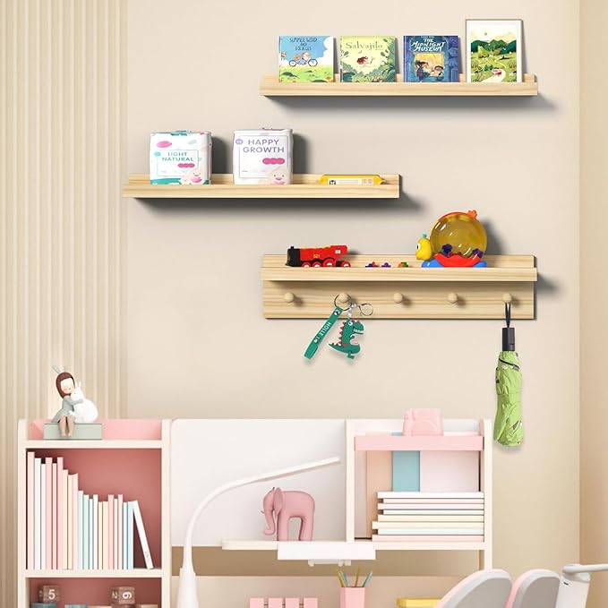 MBYD Natural Wood Floating Shelves, Unfinished Wood Picture Ledge, 24 Inch Picture Ledge for Kids Room, Floating Nursery Book Shelf with Hooks for Living Room, Kitchen, Bathroom