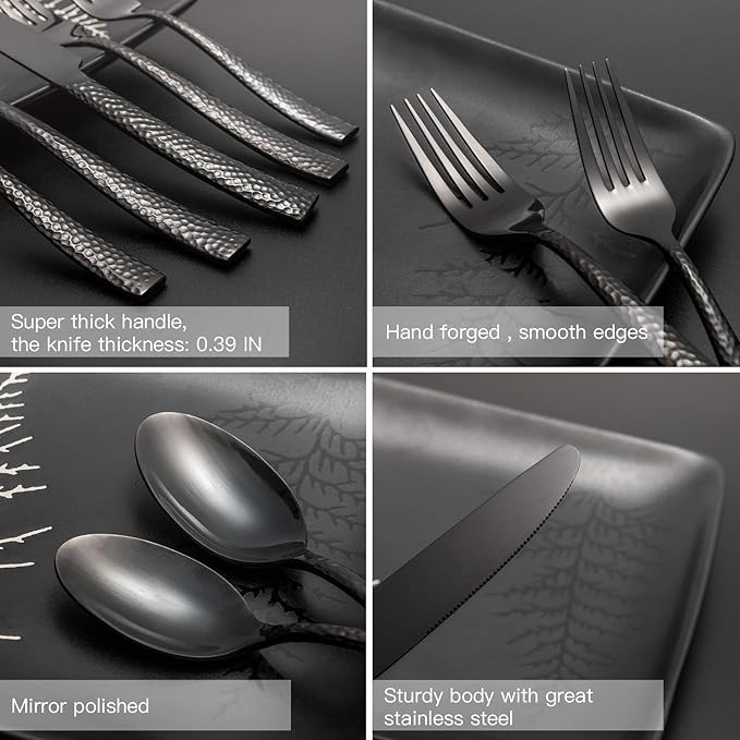 Silverware 45-Piece Black Hammered Flatware Set with Serving Utensils Stainless Steel Thick Handle Mirror Polished Cutlery Set for Wedding Hotel Restaurant, Service for 8