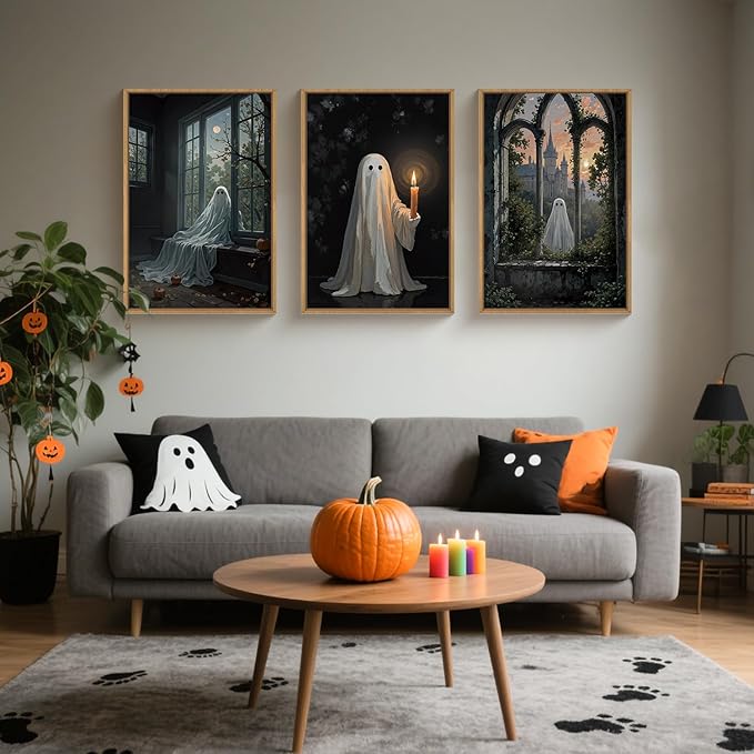 LHIUEM Large Halloween Cute Ghost Framed Canvas Wall Art Set,Vintage Spooky Wall Decor,Retro Dark Prints,Midnight Candle Poster Artwork for Living Room,Bathroom,Dining Room -16"x24"x3