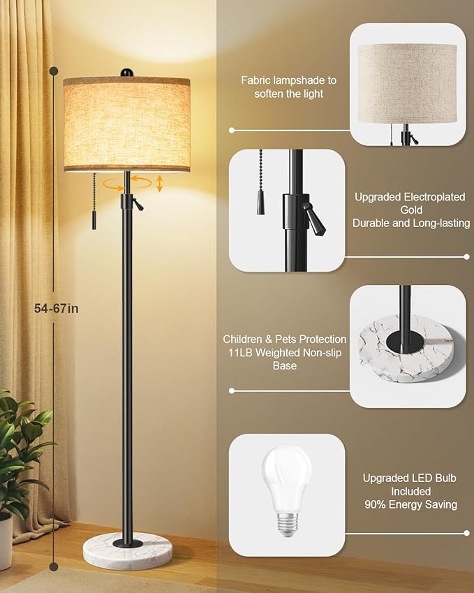 Floor Lamp for Living Room - Adjustable Height Standing Lamp with Marble Base & Linen Shade - Tall Pole Floor Light with 3 Color Temperatures Bulb for Bedroom, Reading - Easy Assembly