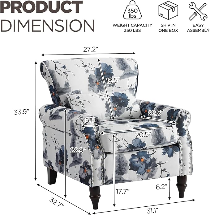 Wingback Accent Chair with Removable Pillow, High Back Floral Armchair with Solid Wood Legs & Nailhead Trim, Comfy Upholstered Reading Single Sofa Chair for Bedroom (2, Ink Blue Pattern)