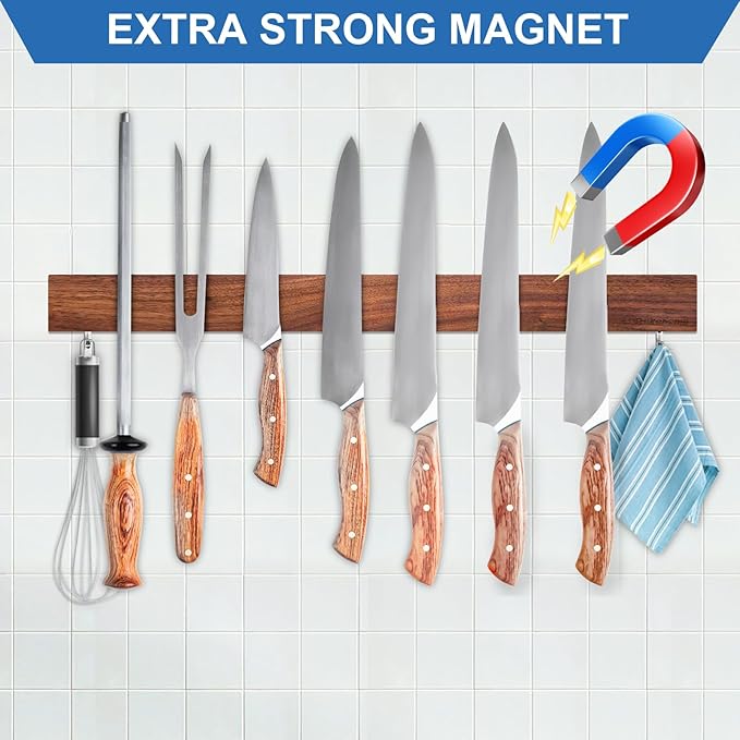 Magnetic Knife Holder for Wall, Magnetic Knife Strip No Drilling 20 Inch, Walnut Wood Magnet knife holder strip with 2 Hooks, Powerful Magnet Knife rack for Kitchen Utensils, Knives and Tools