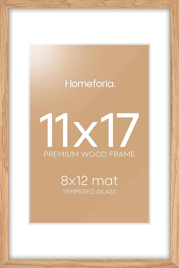 Homeforia 11x17 Wood Frame, High End Natural Oak 11x17 Light Wooden Picture Frame with Mat 8x12, 11 x 17 Poster Frames Matted to 8 by 12 Photo, 17x11 Hanging Frames, Tempered Glass, Wall Kit, Set of 1