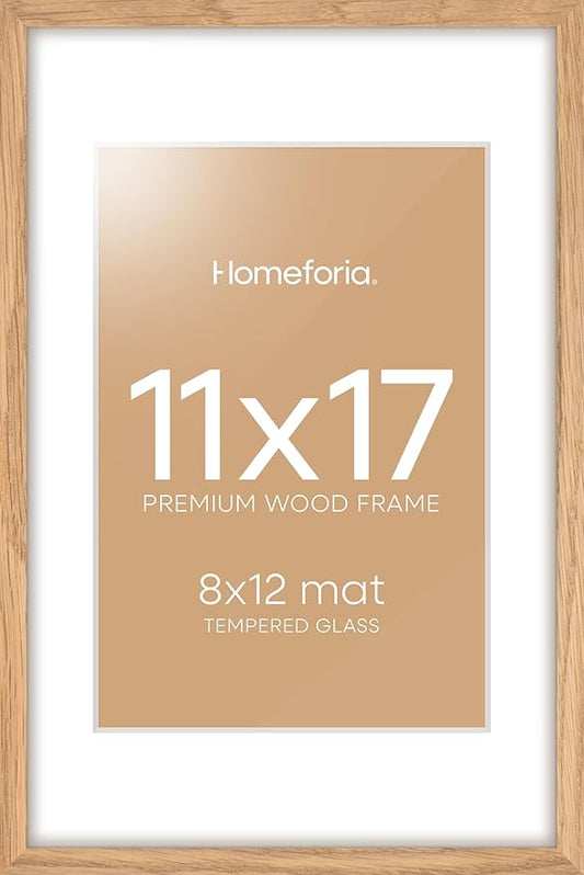 Homeforia 11x17 Wood Frame, High End Natural Oak 11x17 Light Wooden Picture Frame with Mat 8x12, 11 x 17 Poster Frames Matted to 8 by 12 Photo, 17x11 Hanging Frames, Tempered Glass, Wall Kit, Set of 1