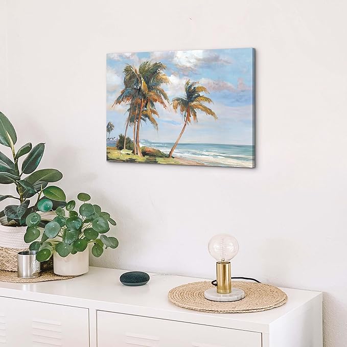 cozy country Palm Tree Wall Art 16"x11" - Coastal Pictures Beach Canvas Ocean Decor - Nautical Artwork Seascape Painting for Bathroom, Bedroom, Sea House