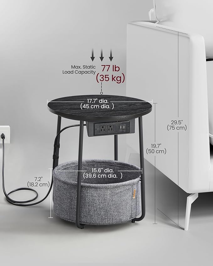 VASAGLE Side Table with Charging Station, Round End Table with Fabric Basket, Nightstand with Power Outlets, USB Ports, for Living Room, Bedroom, Modern, Ebony Black and Slate Gray ULET228B01