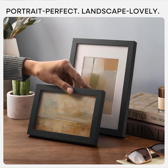Homeforia 4x6 Picture Frame Black Wood, High End Oak 4by6 Black Wooden Frames with Mat 3x5 Print, 4 x 6 Frame Matted to 3 x 5 inch Photo, 6x4 Wall or Tabletop Frame, Tempered Glass, Wall Kit, Set of 1