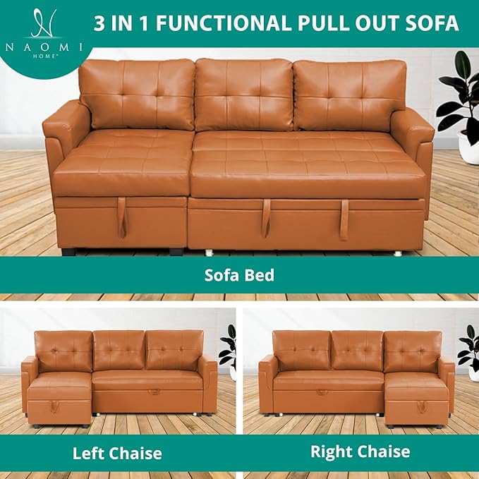 Naomi Home Transform Any Space: Sleeper Sectional Sofa with Convertible Sofa Bed & Inviting Chaise. Find Tranquil Comfort with Stress-Relieving Design & Durable Cushions - Caramel,Air Leather