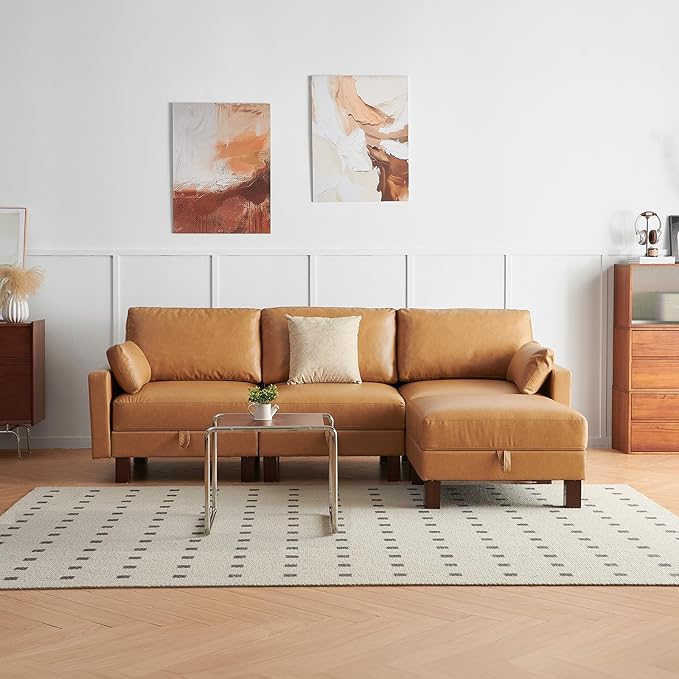 L Shape Modular Sofa, Faux Leather Sectional, 98'' 4 Seater Couch, Mid Century Modern Decor Couch, Office Sectional Sofa Bed, for House, Apartment, Living Room, Tan