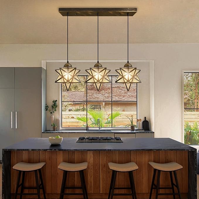 Glass Glam Chandelier 3 Lights Star Pendants Light Fixture for Dining Table Kitchen Island Modern Ceiling Hanging Lights Included LED Warm Light Bulbs Oiled Bronze