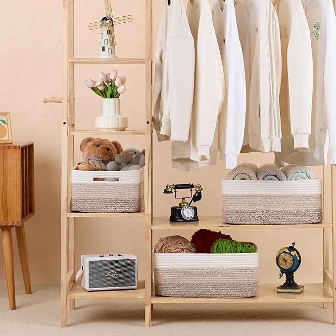 Large Storage Baskets for Organizing, Closet Shelf Baskets for Clothes Blanket Towels, Baby Nursery, Toy Bins Box, Woven Rope Baskets, 17 x 13 x 7.5”, 4 Packs Gradient Brown