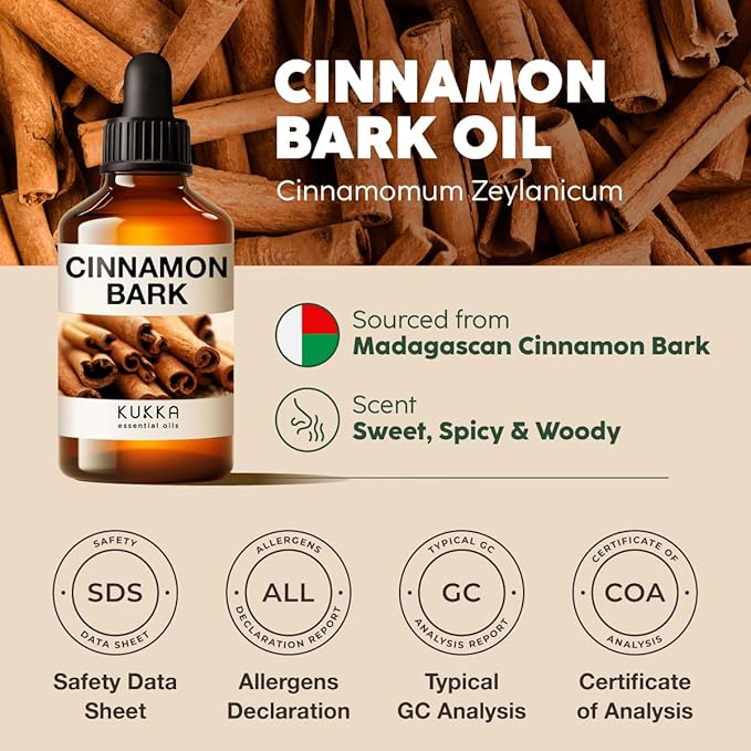 Kukka Cinnamon Essential Oil for Skin & Diffuser - 4 Fl Oz - 100% Pure Natural Cinnamon Oil, Aromatherapy and Candles & Soap Making Scent DIY