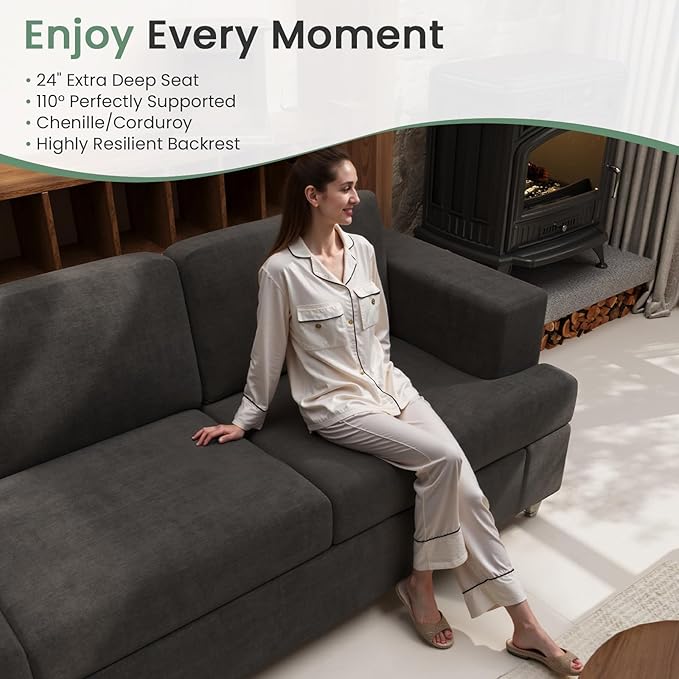 Sofa, 3 Piece Set Comfy Sofa, Loveseat & 2 3-Seater Couch with Deep Seats for Living Room, Modern Sleeper Couch, Dark Grey Chenille