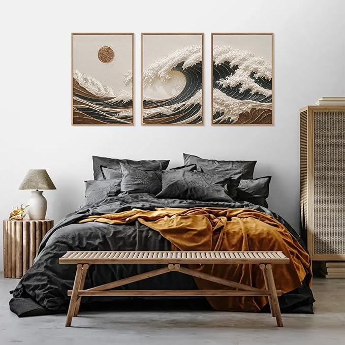HLNIUC Sea Wave Framed Canvas Wall Art,Abstract Sun Seascape Wall Decor Set of 3(16”x24”) Large Modern Ocean Beach Art Print,Great Wave Sunset Pictures Canvas Famed Painting for Living Room,Bedroom