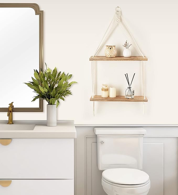 Mkono Macrame Hanging Shelf Boho Wall Decor 2 Tier Handmade Cotton Rope Rustic Wood Floating Shelves Display Photos Plants Hanging Storage Shelving for Living Room Nursery Bathroom Bedroom