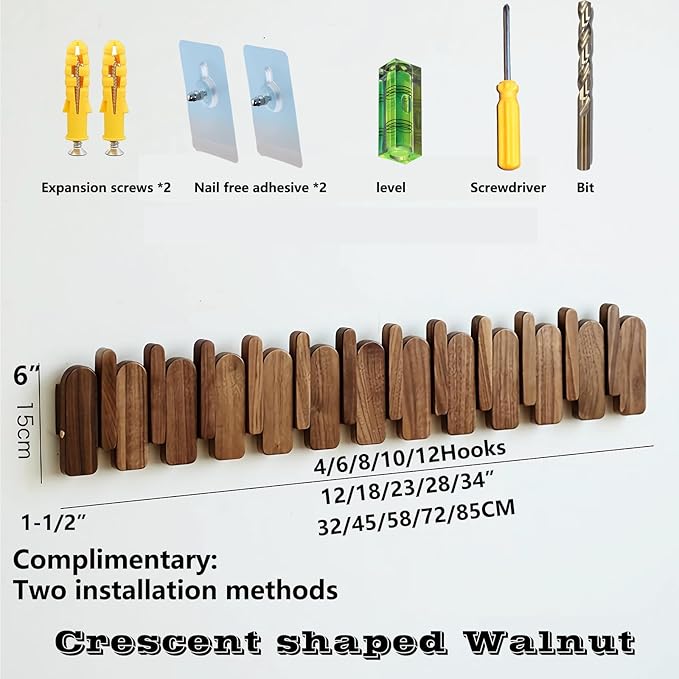 Wall Mounted Piano Key Hanger | Flip Style Hook | Entrance Wall Art Hook, Made of Oak Wood (3 Times Painted, 4 Times Polished) (Arc Walnut, 10Hooks)