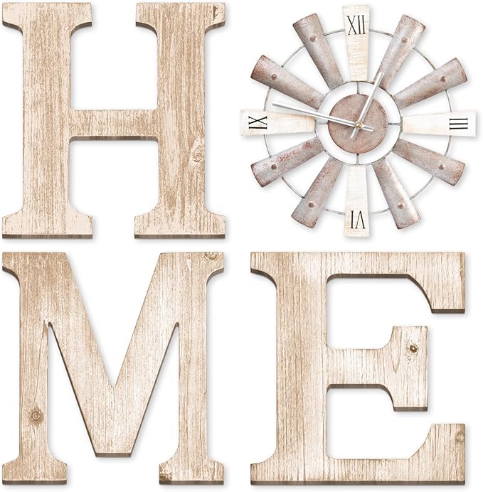 Farmhouse Home Signs with Windmill Clock Wall Decor Rustic Home Letters Wall Art for Living Room Kitchen Entryway Dining Room Bedroom (water-white)
