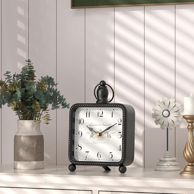 Vintage Black Table Clock on Stand, Desk and Shelf Decor Clock, French Rustic Style Non-Ticking Mantel Clocks for Farmhouse, Living Room, Bedroom, Bedside, Gift (8.5" H x 5.5" W)