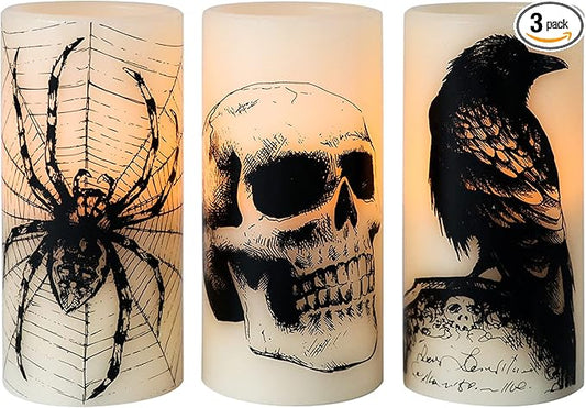 Wondise Halloween Flickering Flameless Candles with 6hrs Timer, Battery Operated LED Real Wax Candles Set of 3 Skull, Spider Web, Crow Raven Decals Halloween Home Decoration Gifts(3 x 3 x 6 Inch)
